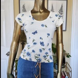 Vintage 90s Floral Butterfly Cap Sleeve Tee